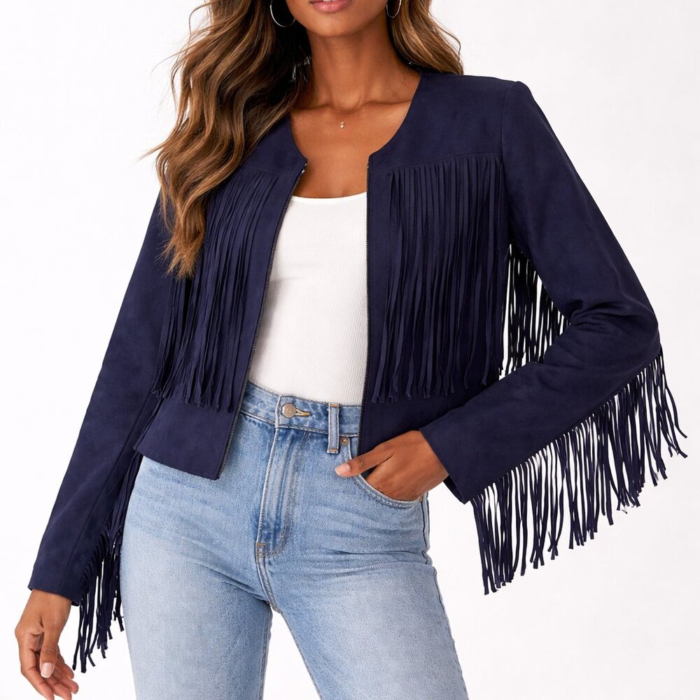 Divided Blue Faux Suede Fringe Jacket Western Boho Cropped Open Front Sz 12 EUC